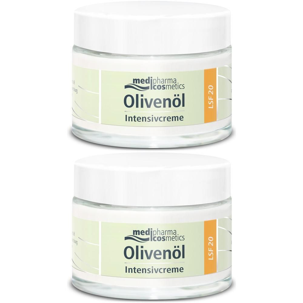 Zwei Cremetiegel mit weißem Deckel und Etikett. Aufschrift: Olivenöl Intensivcreme LSF 20.