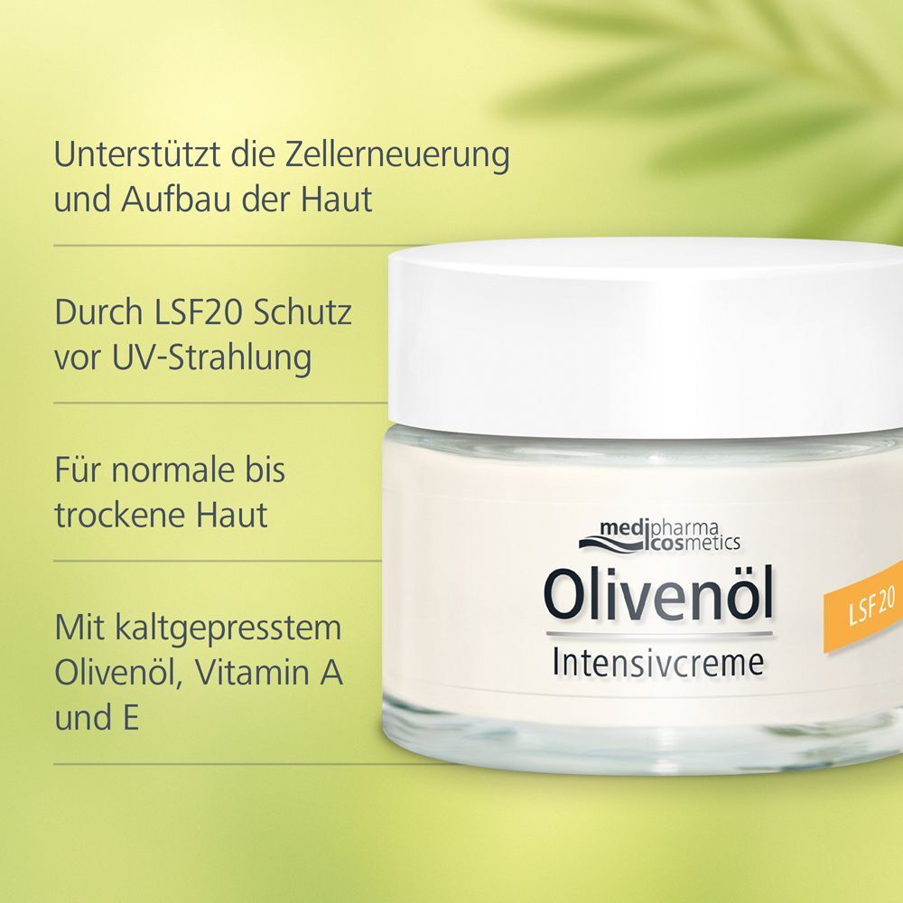 Cremetiegel mit weißem Deckel und Etikett. Aufschrift: Olivenöl Intensivcreme LSF 20. Text: Für normale bis trockene Haut.