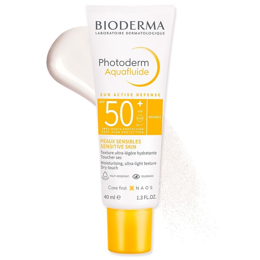 Tube BIODERMA Photoderm Aquafluide 50+ mit Produktstrich. Weiße Tube, gelber Verschluss. Text und Logo.