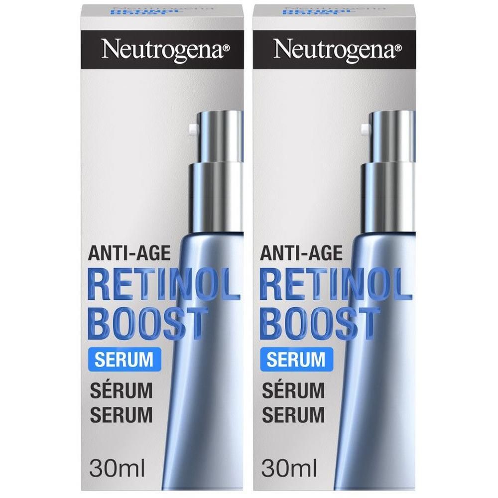 Zwei Packungen Neutrogena Anti-Age Retinol Boost Serum. Flaschen mit Pumpaufsatz, 30ml. Schwarze und blaue Schrift.