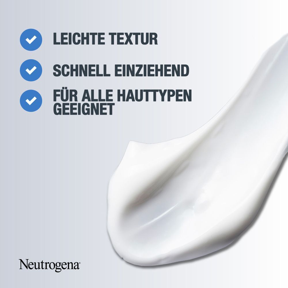 Weißes Serum auf hellem Hintergrund. Text: Leichte Textur, schnell einziehend, für alle Hauttypen geeignet. Neutrogena Logo.