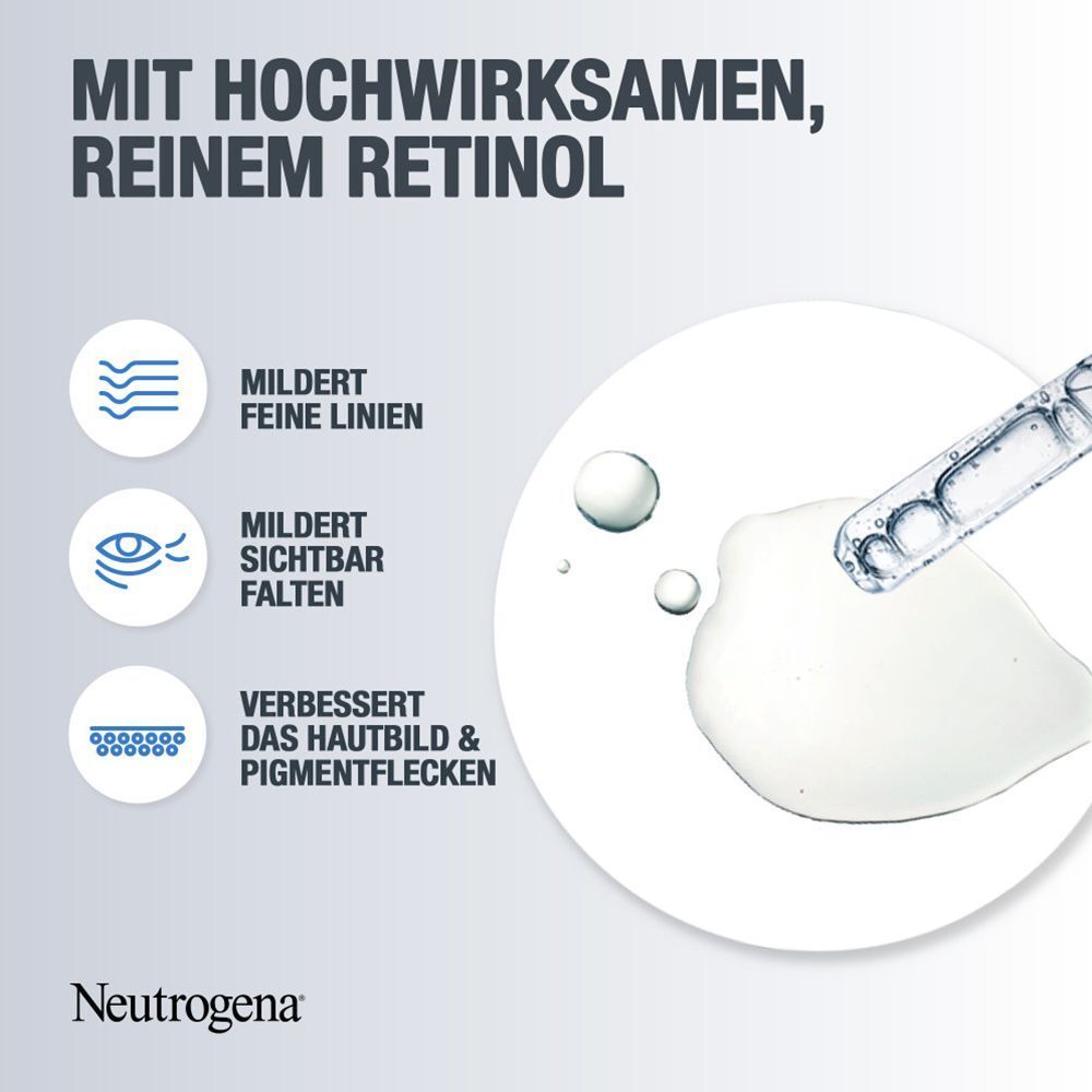 Grafik mit Serum und Pipette. Text: Mildert feine Linien, Falten, verbessert Hautbild & Pigmentflecken. Neutrogena Logo.