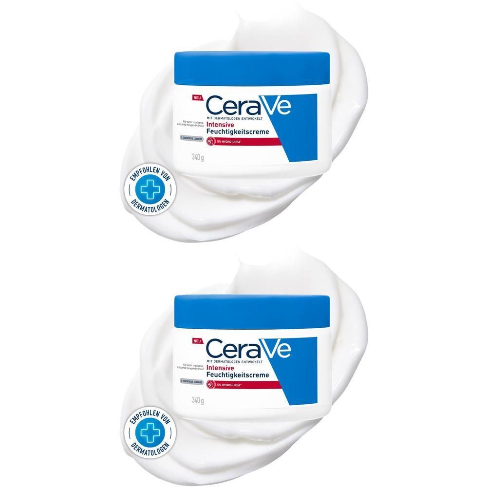Zwei Tiegel CeraVe Intensive Feuchtigkeitspflege auf weißem Hintergrund. Mit blauem Deckel und Logo.