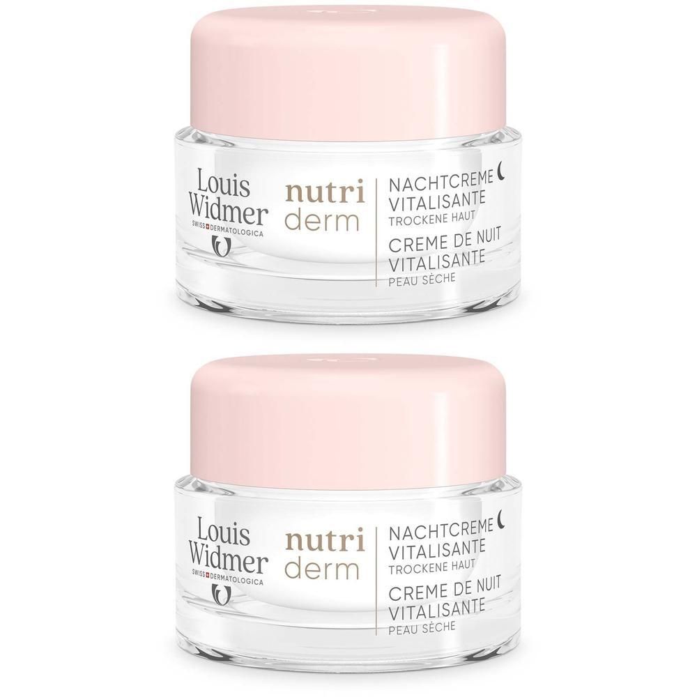 Zwei Tiegel Nachtcreme, rosa Deckel, transparente Gläser. Aufschrift: Louis Widmer, Nutriderm, Nachtcreme Vitalisante, trockene Haut.