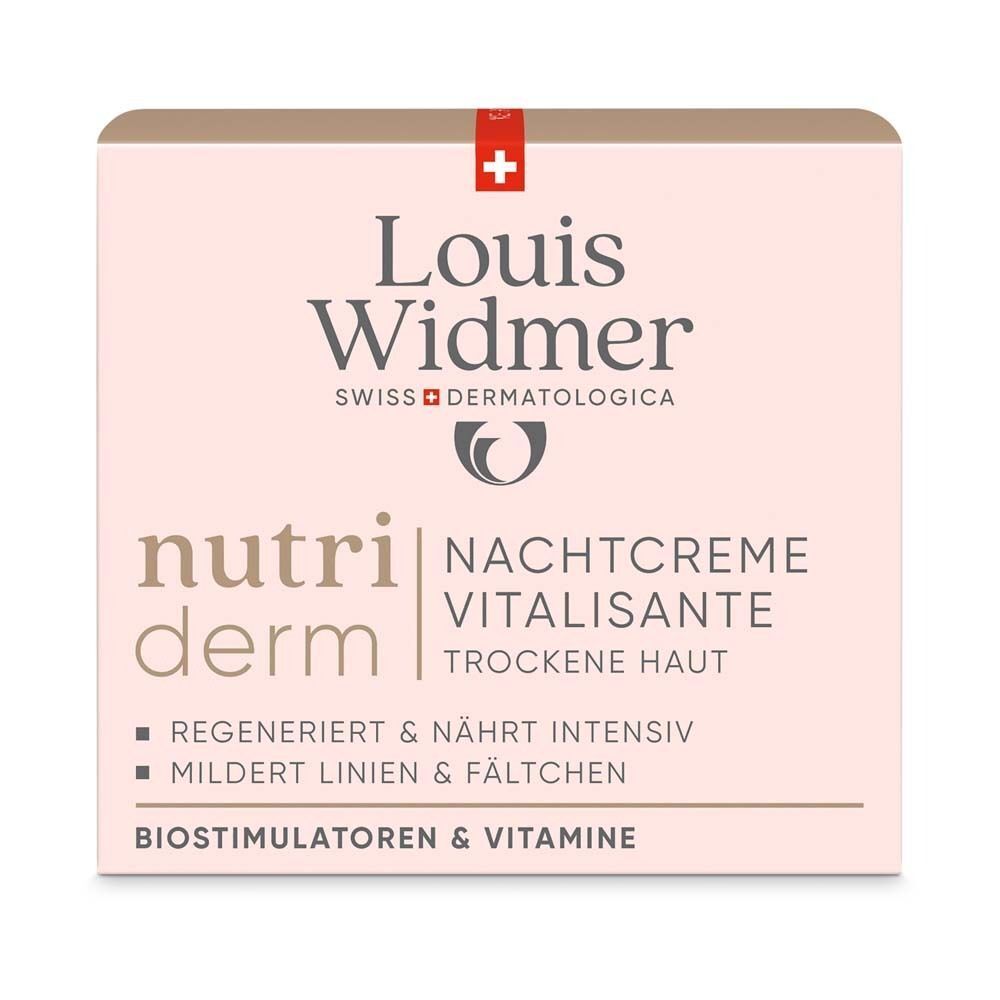 Verpackung, rosa Hintergrund, weißer Text. Aufschrift: Louis Widmer, Nutriderm, Nachtcreme Vitalisante, trockene Haut. Mit Schweizer Kreuz.