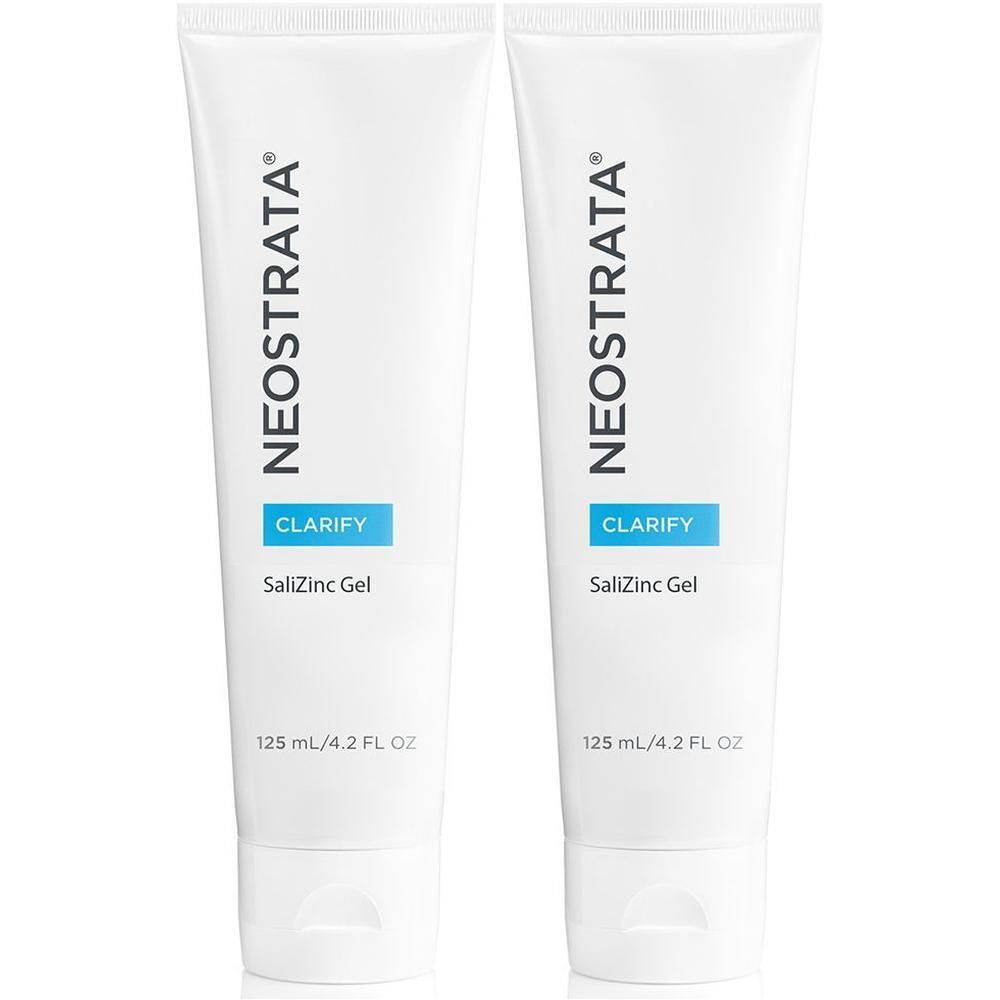 Zwei weiße Tuben mit blauer Schrift. Aufschrift: NEOSTRATA, CLARIFY, SaliZinc Gel. Volumen: 125 ml/4.2 FL OZ.