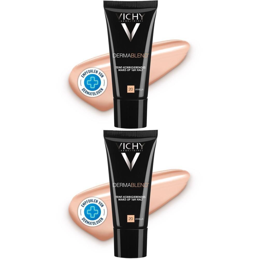 Zwei Tuben Vichy Dermablend Make-up, Farbton 20, mit Produkt-Swatches und Dermatologen-Siegel.