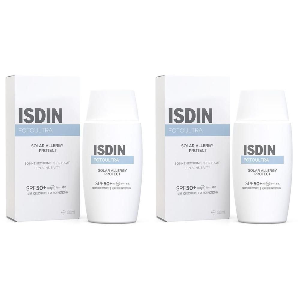 Zwei ISDIN FotoUltra Solar Allergy Protect Sonnencreme-Packungen und Flaschen. Weiße Flaschen und Verpackungen mit blauer Schrift.
