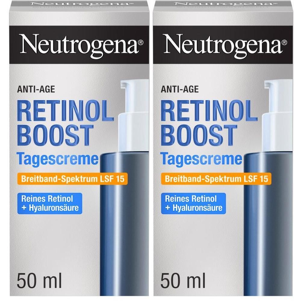 Zwei Packungen Neutrogena Anti-Age Retinol Boost Tagescreme LSF 15. Flaschen mit Pumpverschluss, 50 ml.