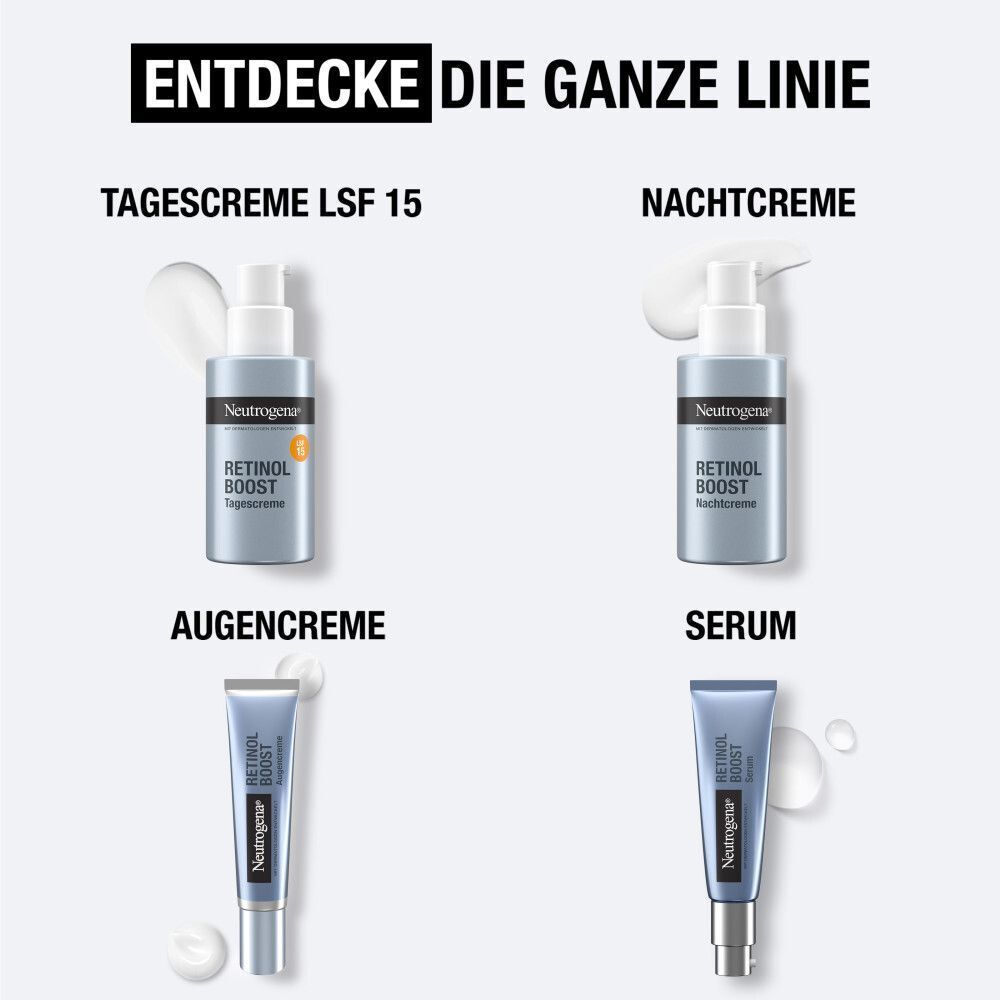 Vier Produkte der Neutrogena Retinol Boost Linie: Tagescreme, Nachtcreme, Augencreme, Serum.