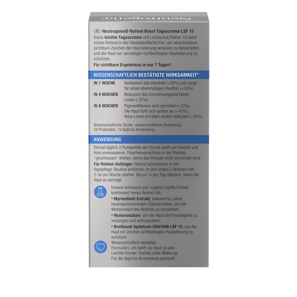 Text auf Verpackung: Neutrogena Retinol Boost Tagescreme LSF 15. Wissenschaftlich bestätigte Wirksamkeit.