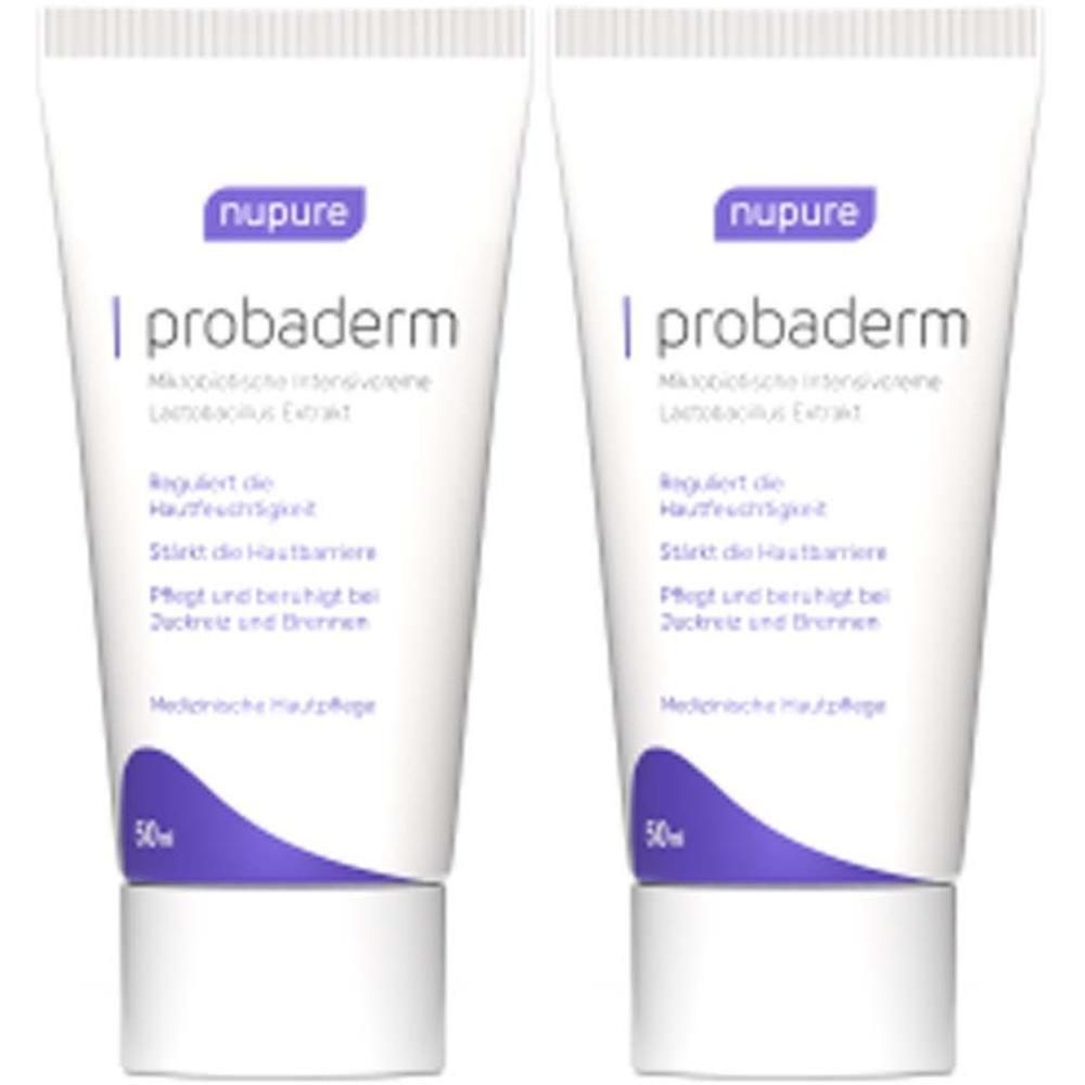 Zwei Tuben NUPURE probaderm Intensivcreme. Weiße Tuben mit lila Akzenten und Schriftzug. 50ml.