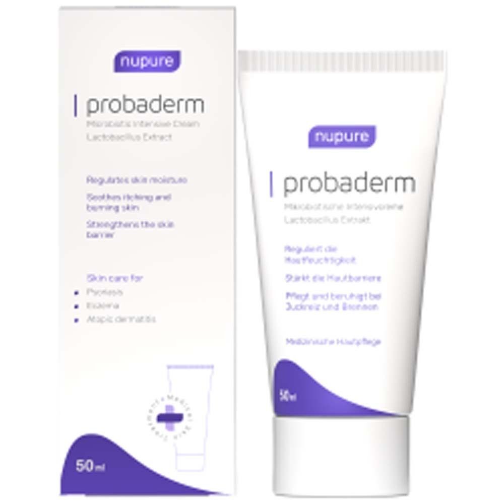 NUPURE probaderm Intensivcreme mit Verpackung. Weiße Tube und Schachtel mit lila Akzenten und Text. 50ml.