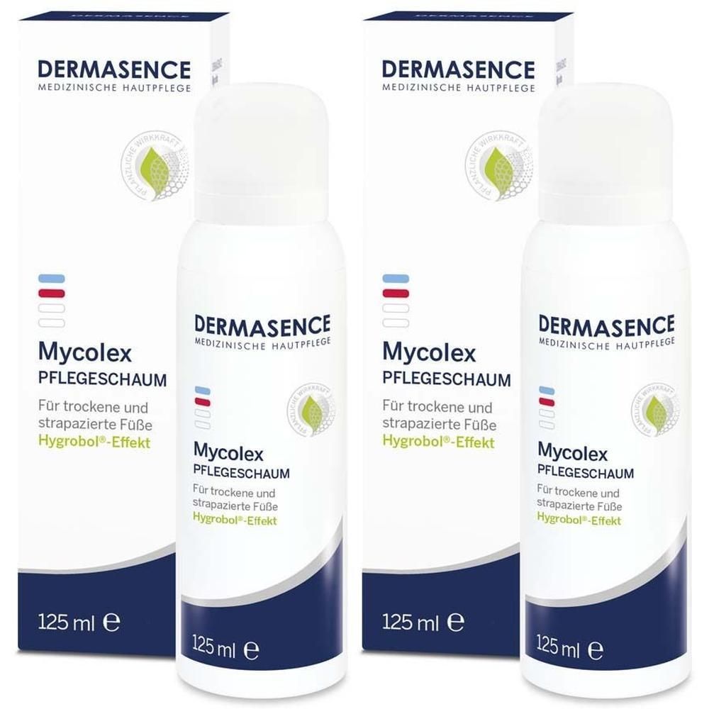 Drei Flaschen und zwei Kartons DERMASENCE Mycolex Pflegeschaum. Aufschrift: Für trockene und strapazierte Füße. 125 ml.