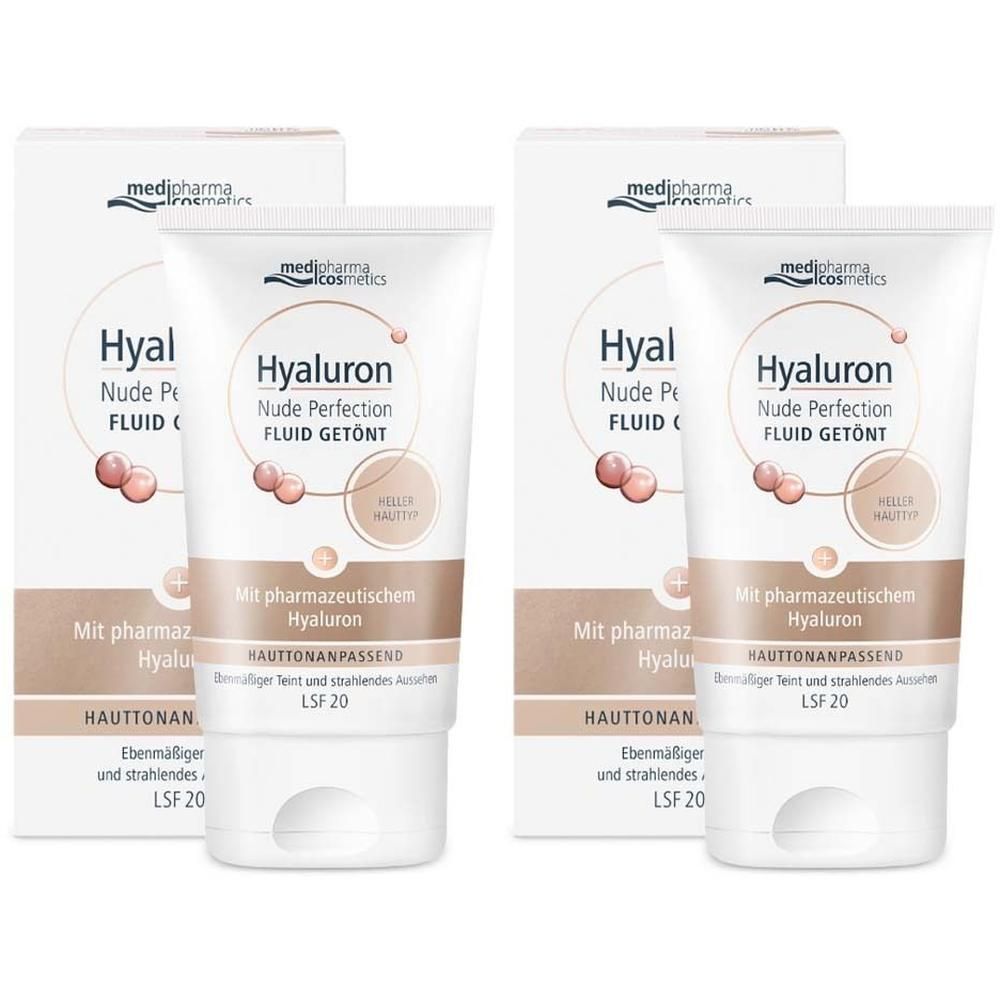Zwei Tuben HYALURON NUDE Perfect.Fluid getönt hell.HT LSF 20 mit Verpackung. Weiße Tuben mit brauner Schrift und Produktabbildung.