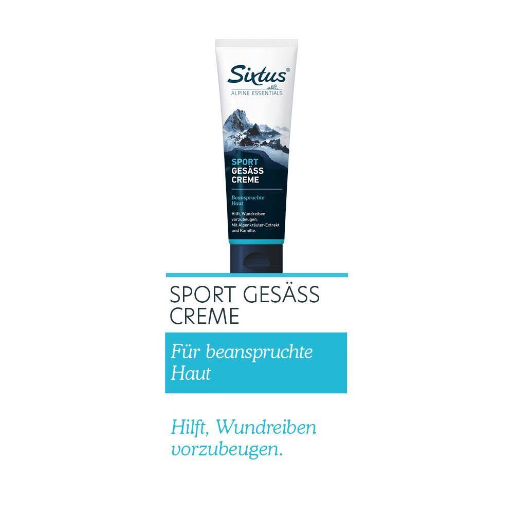 Eine Tube SIXTUS Sport Gesäß Creme. Weiße Tube mit blauer Schrift und Bergmotiv. Text: Sport Gesäß Creme, Alpine Essentials. Unter der Tube Text.