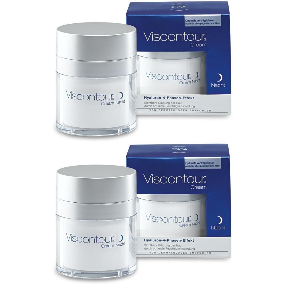 Zwei Tiegel VISCONTOUR Nachtcreme mit blauen Verpackungen. Aufschrift: Viscontour Cream Nacht. Daneben blaue Kartons.