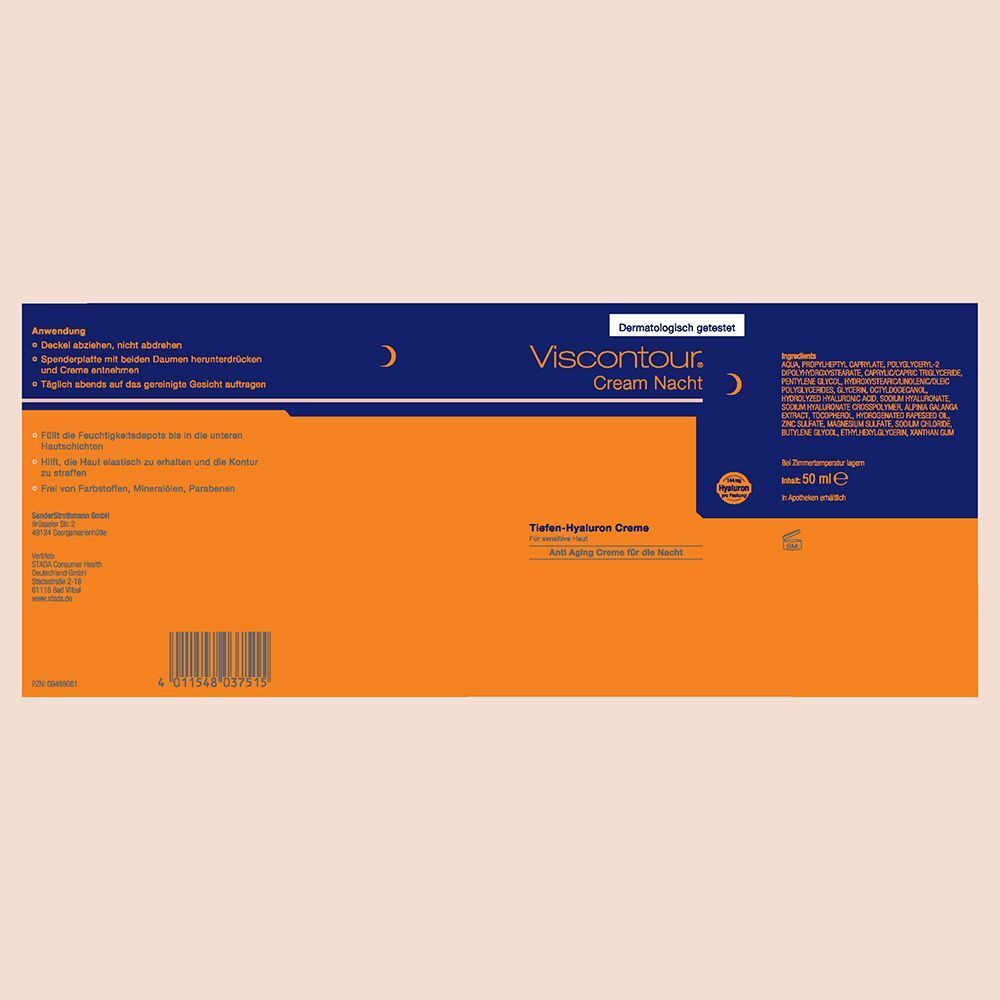 Lange, orangefarbene Verpackung von VISCONTOUR Nachtcreme. Text: Anti-Aging Creme für die Nacht. Anwendungshinweise.