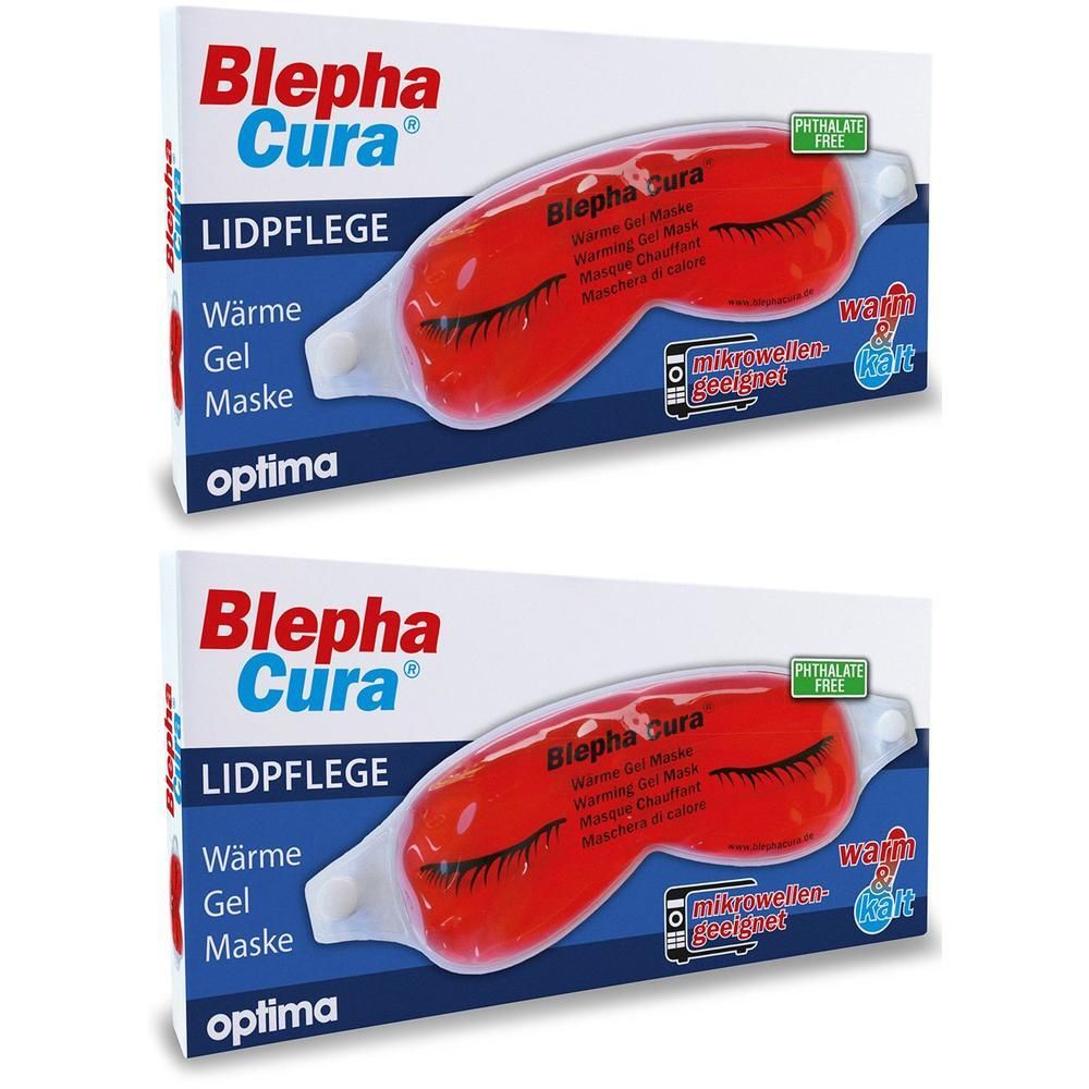 Zwei Packungen mit Augenmasken. Rote Gelmaske mit Wimpern-Design. Text: BlephaCura, Lidpflege, Wärme Gel Maske. Verpackung: weiß-blau.