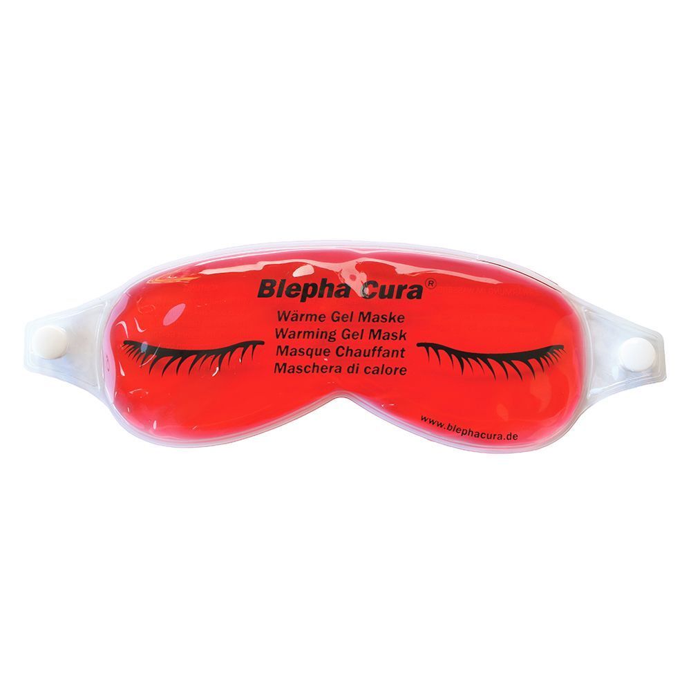 Rote Gelmaske mit Wimpern-Design. Text: BlephaCura, Wärme Gel Maske, Warming Gel Mask. Weiße Befestigungen an den Seiten.