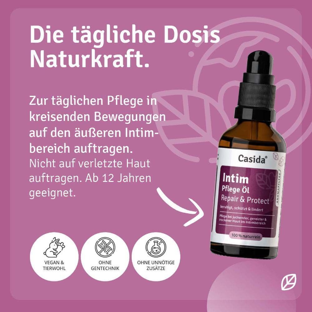 Flasche mit Pumpaufsatz. Aufschrift: Intim Pflege Öl Repair & Protect. Marke: Casida. Text: Zur täglichen Pflege in kreisenden Bewegungen. Ab 12 Jahren geeignet.