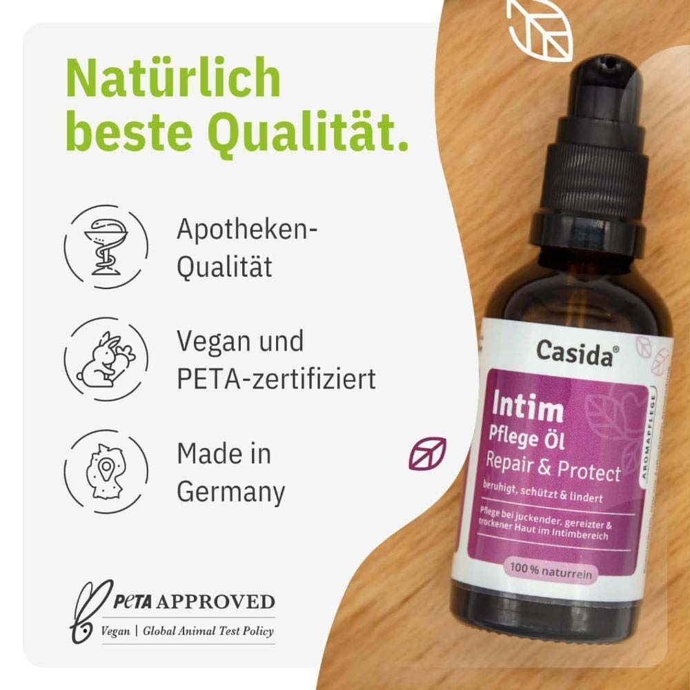 Flasche mit Pumpaufsatz. Aufschrift: Intim Pflege Öl Repair & Protect. Marke: Casida. Logos: Apotheken-Qualität, Vegan, PETA-zertifiziert, Made in Germany.