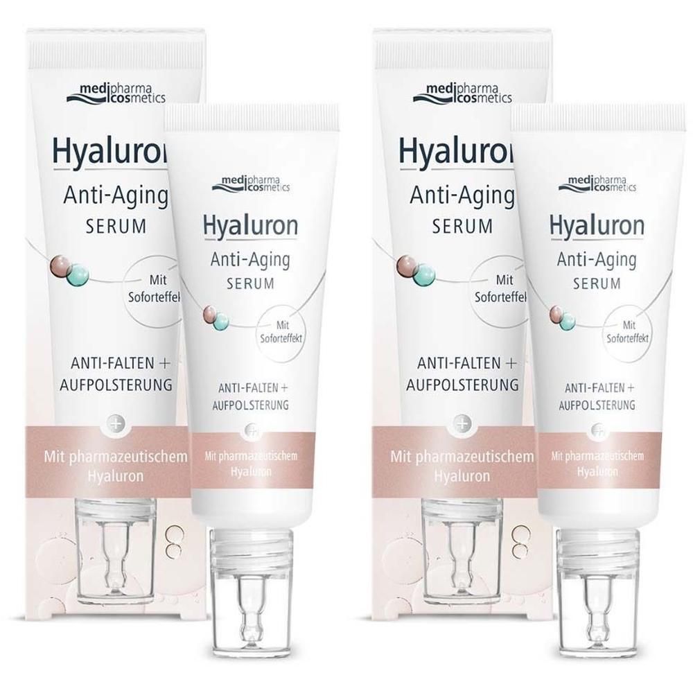 Mehrere Tuben HYALURON Anti-Aging Serum 2x mit Umverpackung. Weiße Tuben mit blauer und rosa Beschriftung. Mit Dosierspitze.