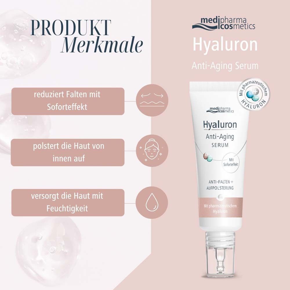 Produktmerkmale: Reduziert Falten, polstert die Haut auf, versorgt mit Feuchtigkeit. Weiße Tube HYALURON Anti-Aging Serum mit Dosierspitze.