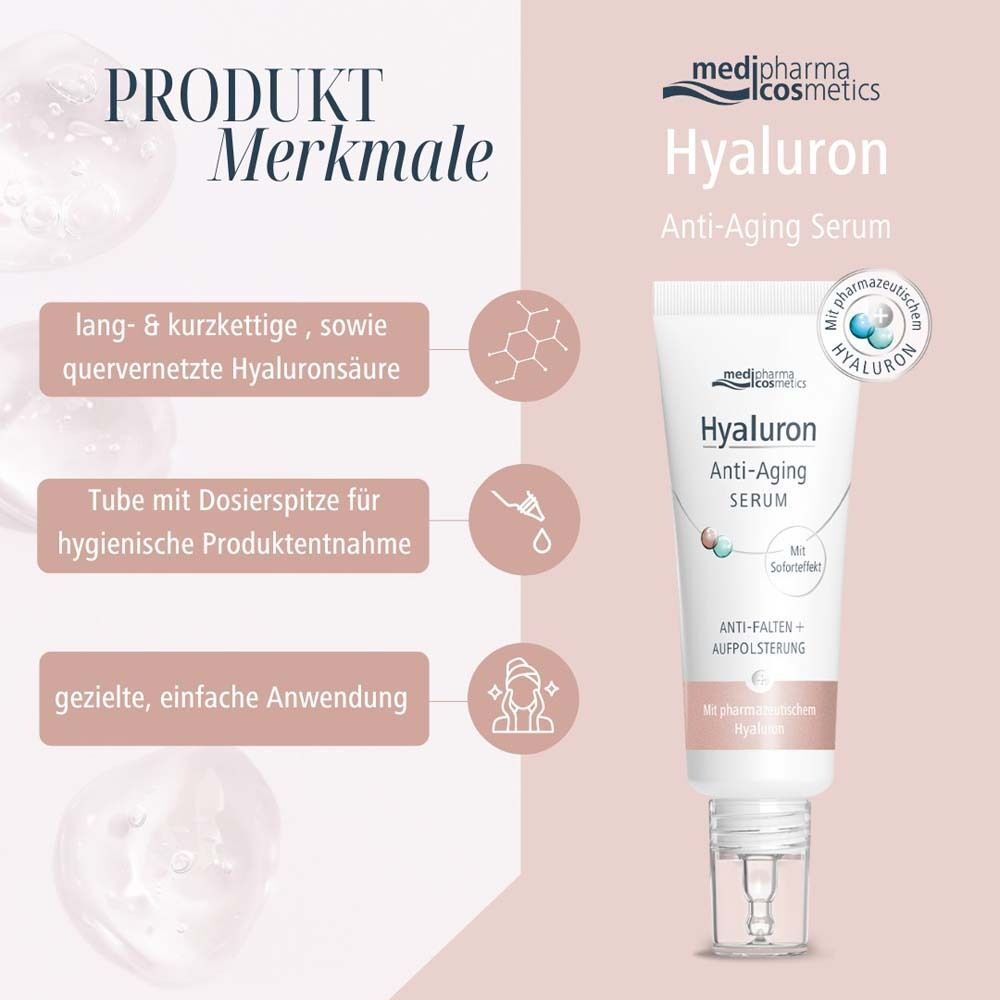 Produktmerkmale: Hyaluronsäure, Dosierspitze, einfache Anwendung. Weiße Tube HYALURON Anti-Aging Serum mit Dosierspitze.