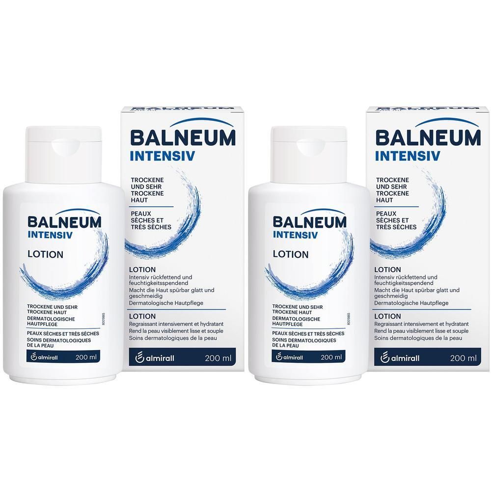 Mehrere Flaschen und Verpackungen von BALNEUM INTENSIV Lotion. Weiße Flaschen mit blauem Logo und Text. Karton mit Produktinformationen.