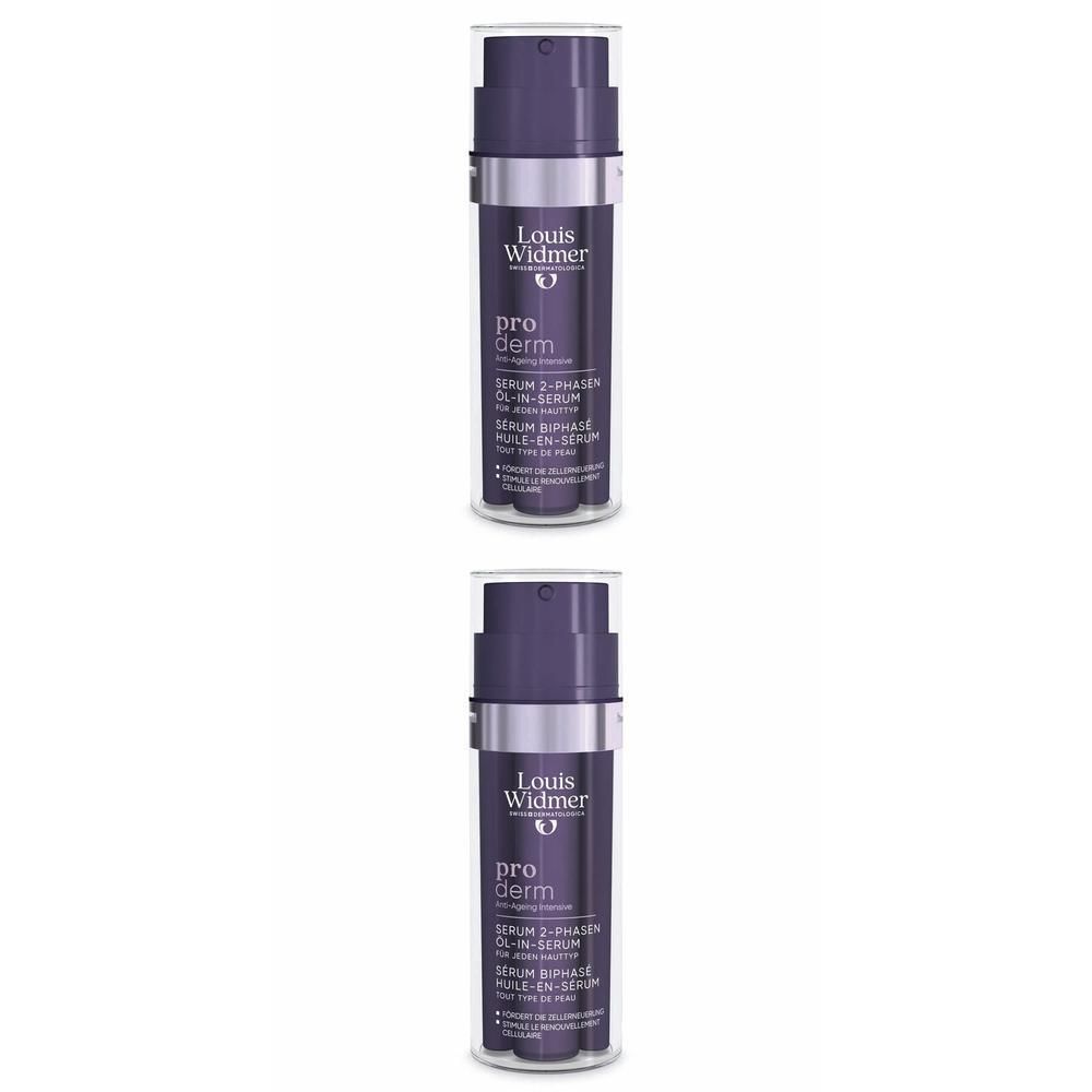 Zwei Flaschen Serum 2-Phasen o.P. von Louis Widmer. Lila Flaschen mit silbernen Akzenten und Dosierpumpen.