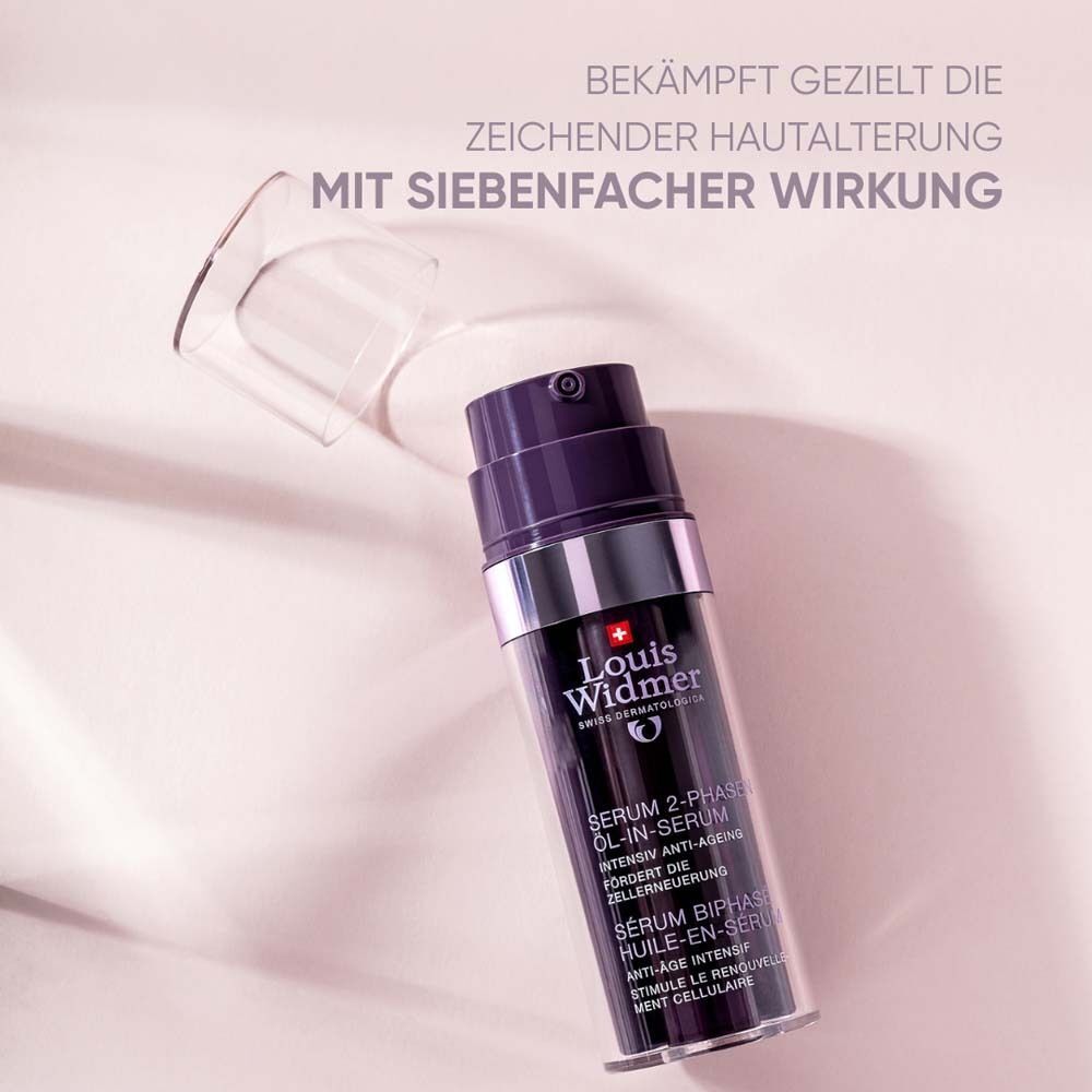 Serum 2-Phasen o.P. von Louis Widmer. Text: Bekämpft gezielt die Zeichen der Hautalterung mit siebenfacher Wirkung.