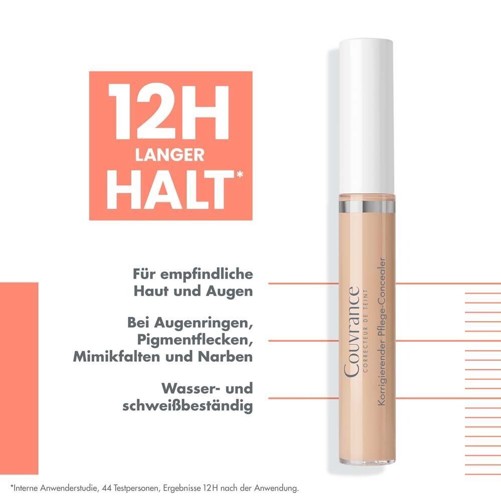Concealer-Tube mit Applikator. Aufschrift: Couvrance, Korrigierender Pflege-Concealer. Text: 12H HALT. Beige Farbton.