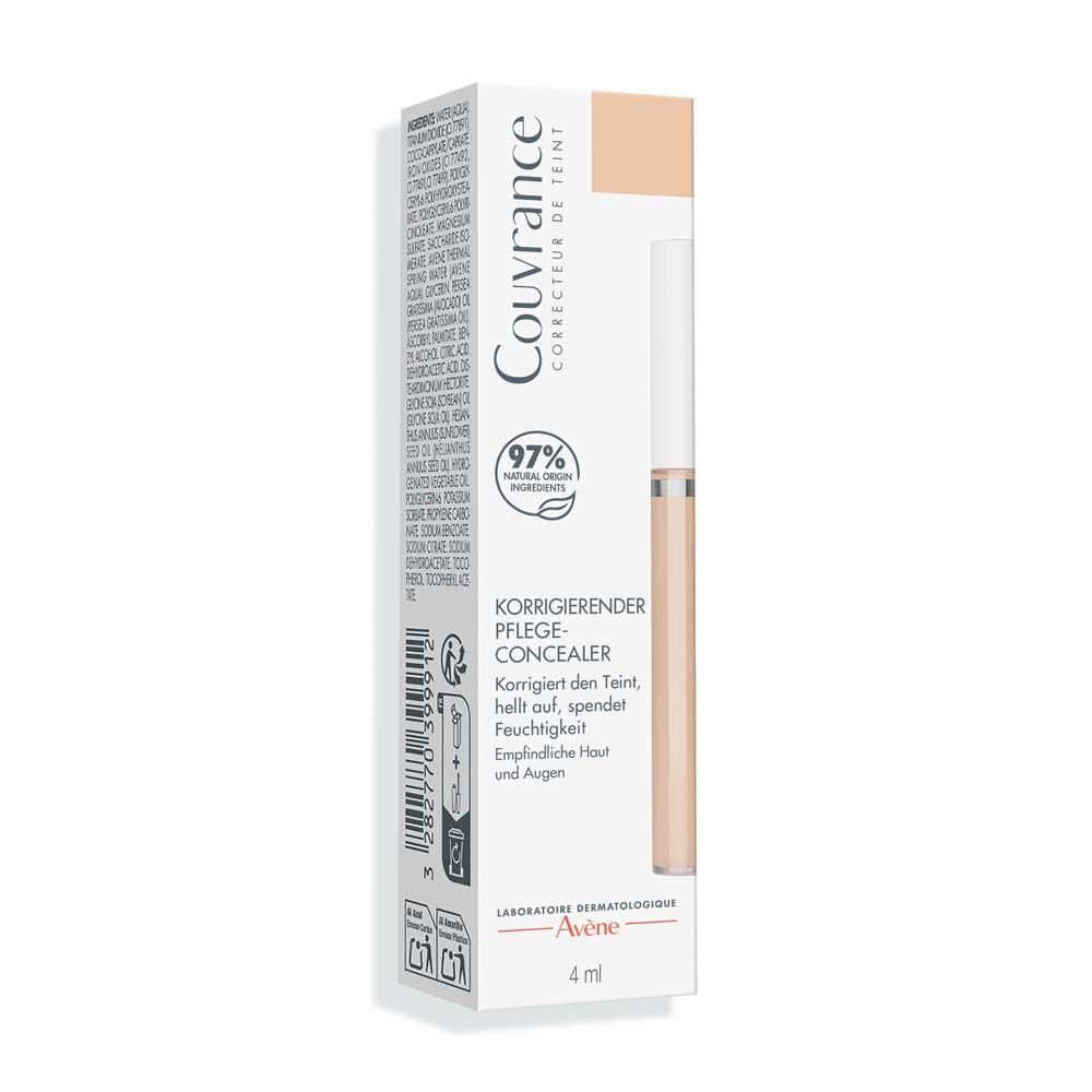 Produktverpackung mit Concealer-Tube. Aufschrift: Couvrance, Korrigierender Pflege-Concealer. 97% Inhaltsstoffe natürlichen Ursprungs.