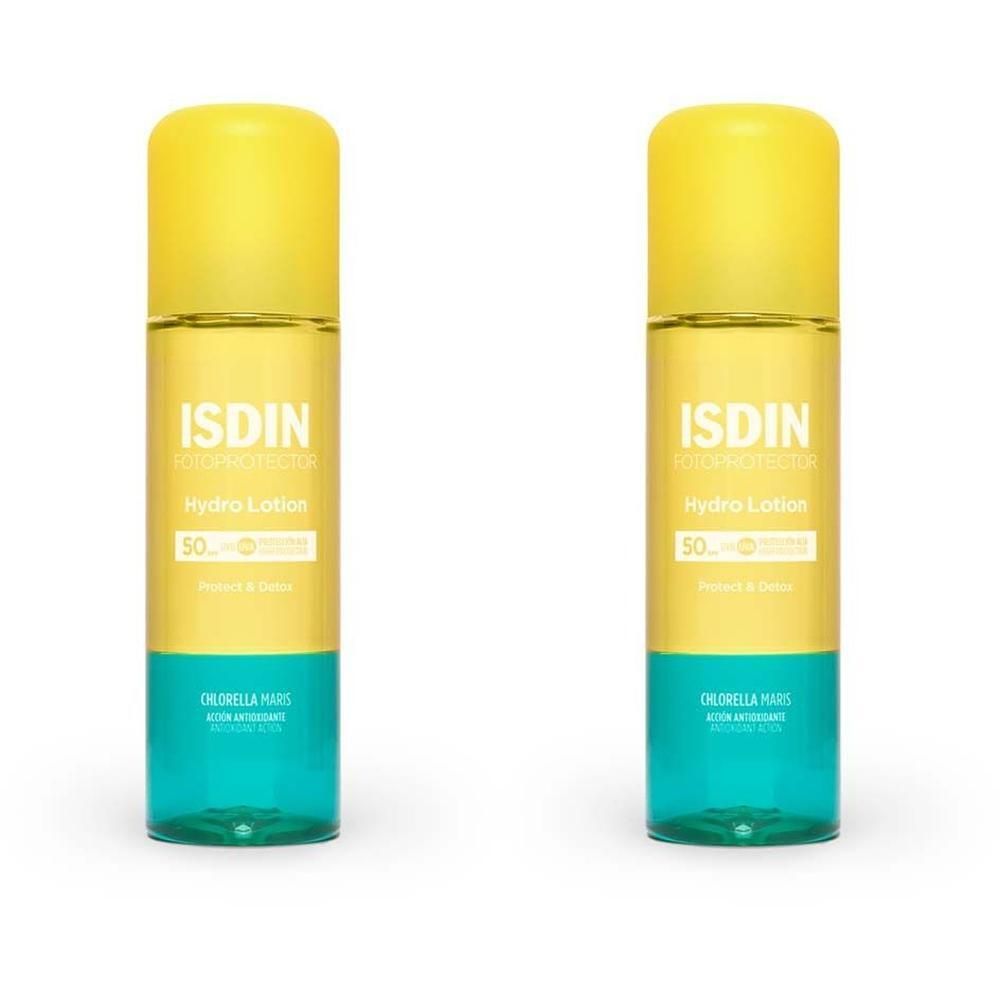 Zwei Flaschen mit gelbem Deckel und blau-grünem Boden. Aufschrift: ISDIN Hydro Lotion 50. Chlorella Maris.