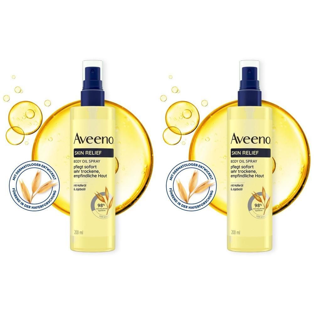 Zwei gelbe Sprühflaschen mit blauem Verschluss. Aufschrift: Aveeno Skin Relief Body Oil Spray. Mit Haferforschung.