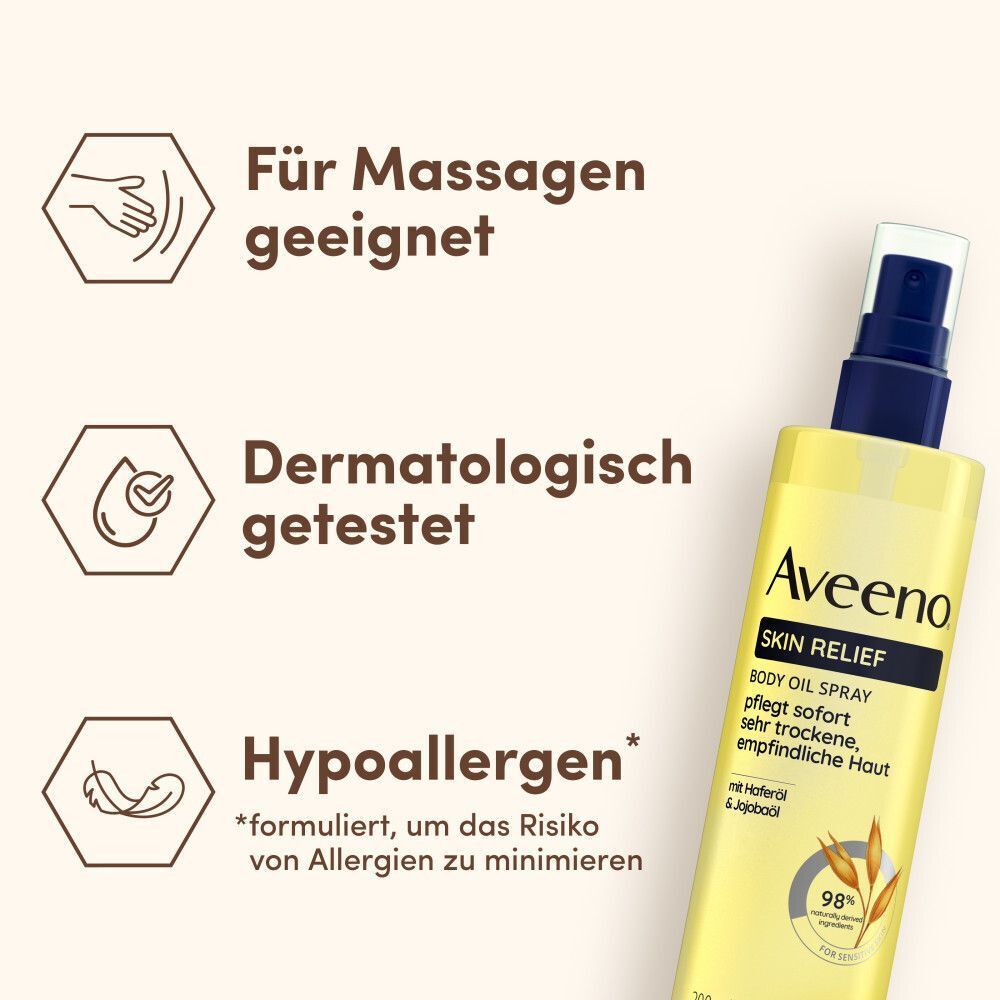 Gelbe Sprühflasche mit blauem Verschluss. Aufschrift: Aveeno Skin Relief Body Oil Spray. Text: Für Massagen geeignet, dermatologisch getestet, hypoallergen.