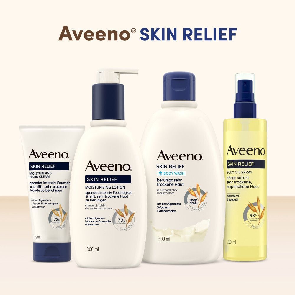 Verschiedene Aveeno Skin Relief Produkte: Creme, Lotion, Body Wash und Body Oil Spray.