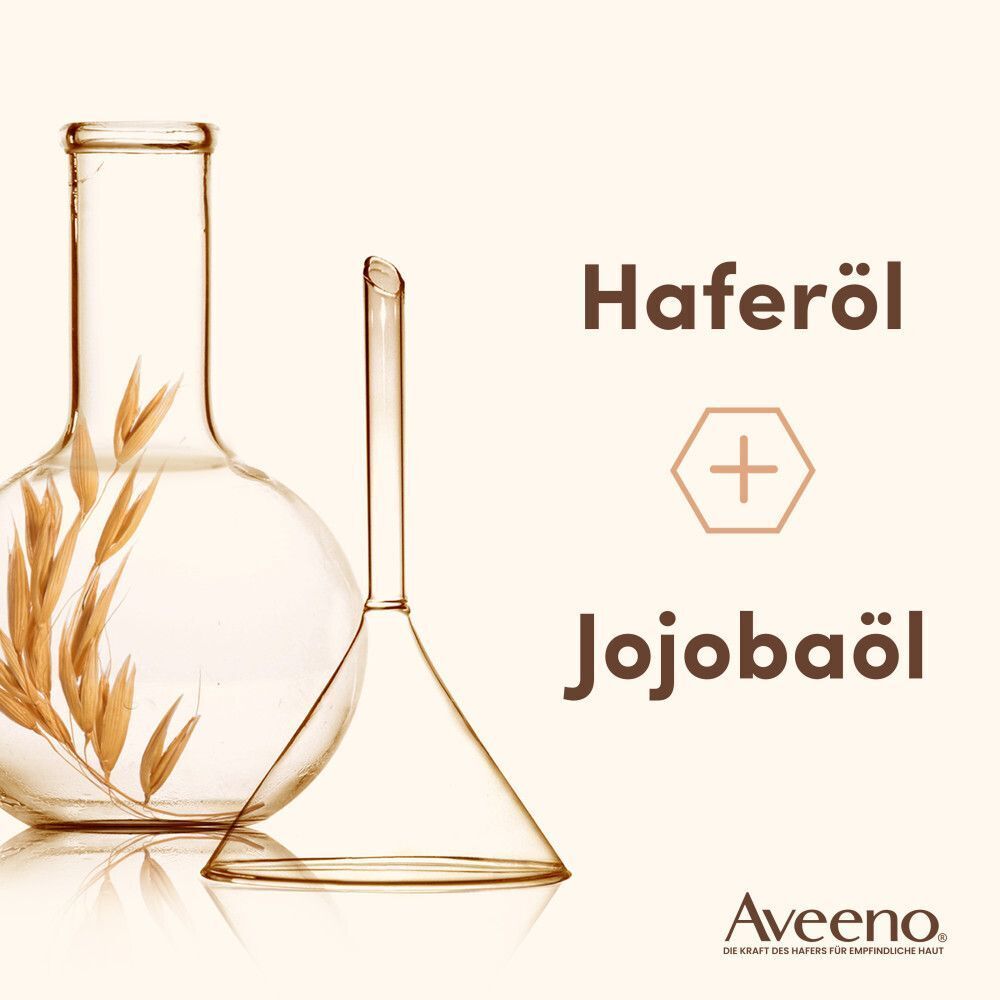 Glasbehälter mit Hafer und Trichter. Text: Haferöl + Jojobaöl. Aveeno Logo.