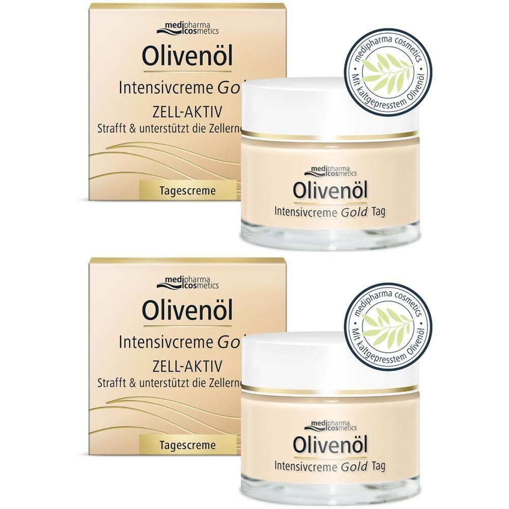 Zwei Tiegel und Verpackungen der Tagescreme. Aufschrift: Olivenöl Intensivcreme Gold ZELL-AKTIV Tagescreme. Mit Qualitätssiegel.