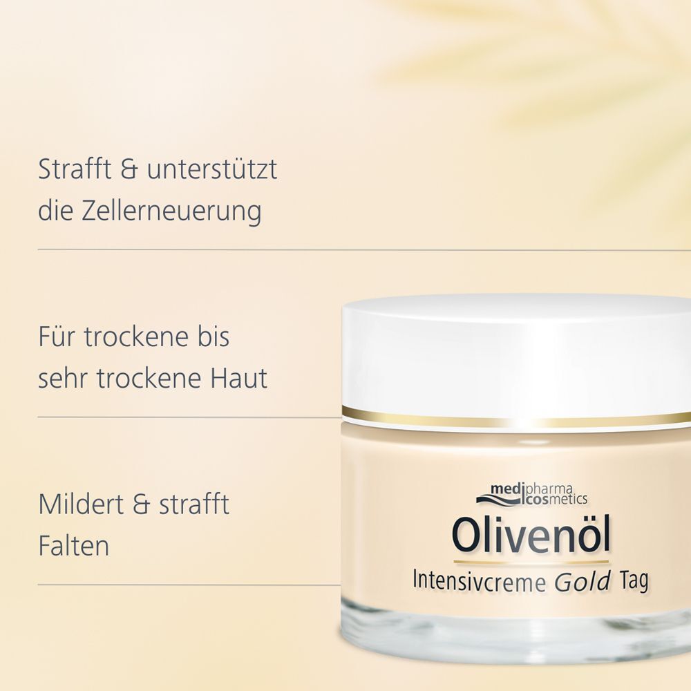 Tiegel Olivenöl Intensivcreme Gold Tag. Text: Für trockene bis sehr trockene Haut. Mildert & strafft Falten. ZELL-AKTIV.