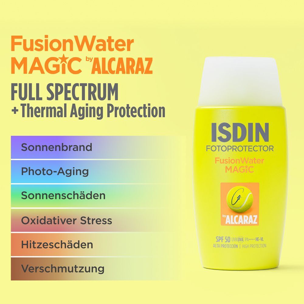 Gelbe Flasche mit weißem Deckel und Text. Text: Fusion Water Magic by Alcaraz, Full Spectrum + Thermal Aging Protection.