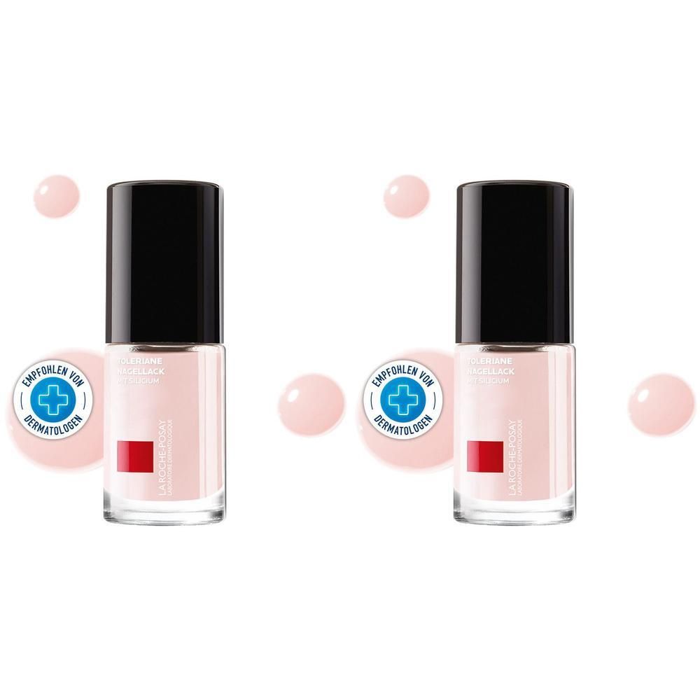 Zwei Flakons mit schwarzem Deckel und rosafarbenem Inhalt. Aufschrift: Toleriane, Nagellack. Logo: La Roche-Posay, rotes Quadrat.