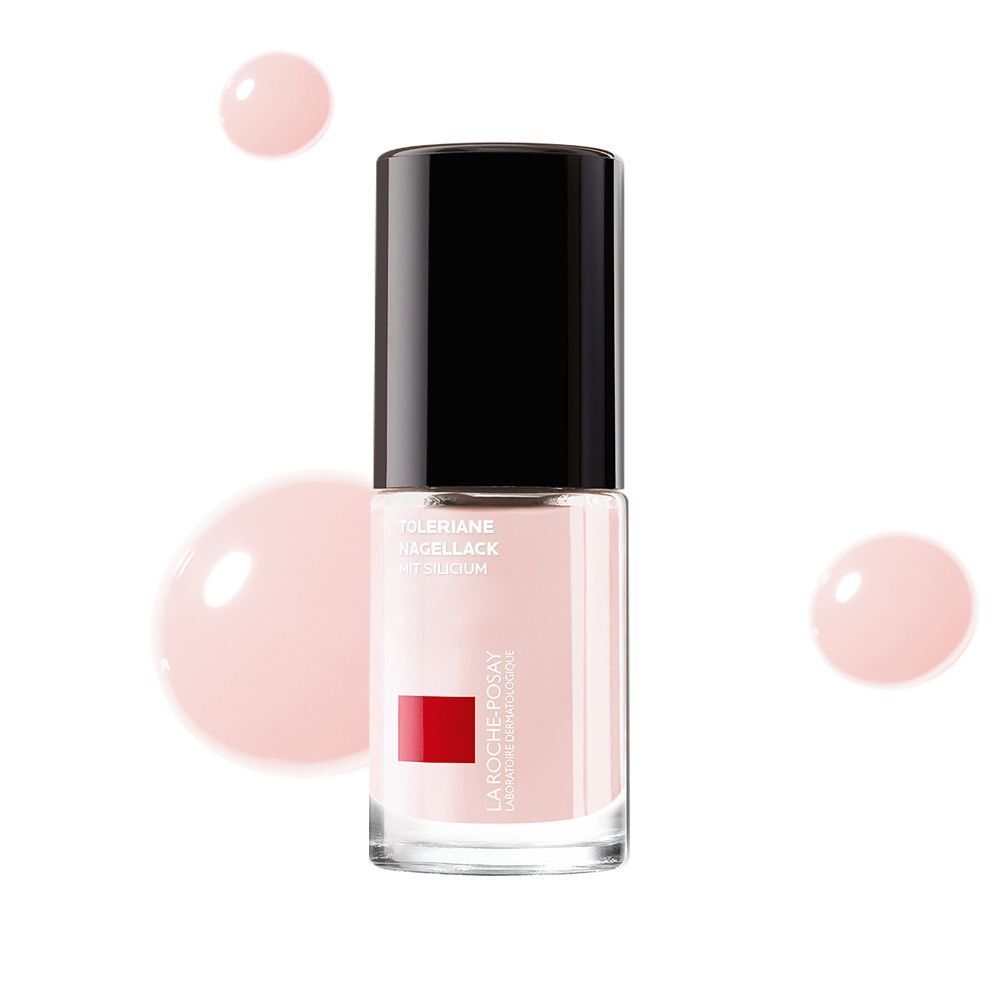 Flakon mit schwarzem Deckel und rosafarbenem Inhalt. Aufschrift: Toleriane, Nagellack. Logo: La Roche-Posay, rotes Quadrat.