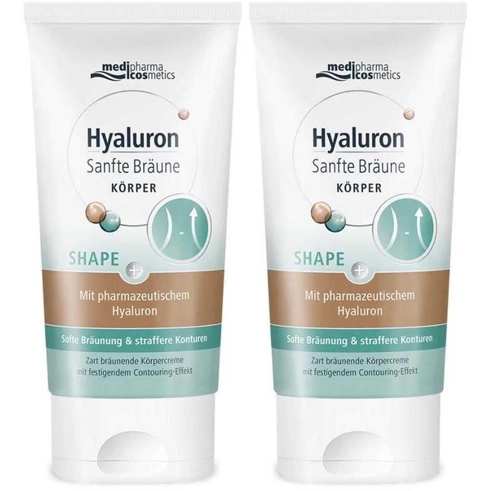 Zwei Tuben Körpercreme. Weiß, mit Aufschrift Hyaluron Sanfte Bräune Körper. Marke: medipharma cosmetics.