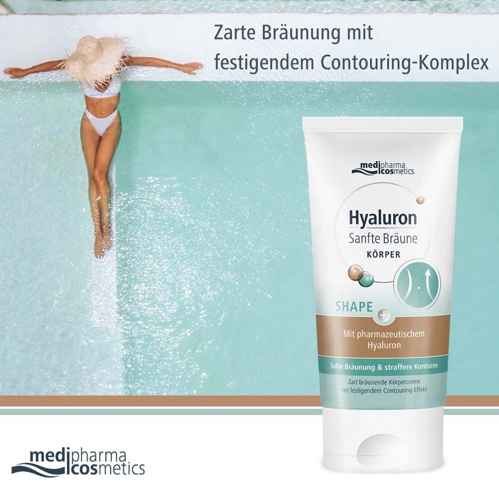 Körpercreme-Tube am Pool. Frau im Wasser. Aufschrift: Hyaluron Sanfte Bräune Körper. Marke: medipharma cosmetics.