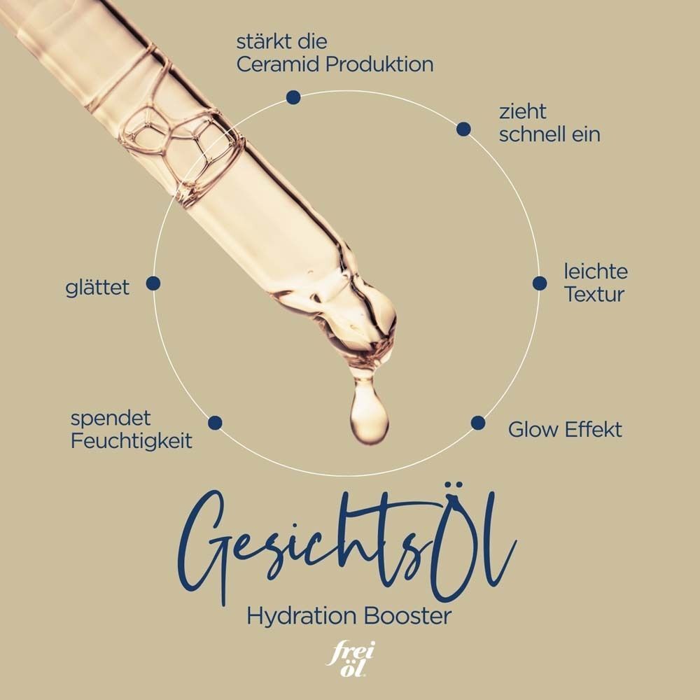 Tropfer mit Öl. Text: Gesichtsöl, Hydration Booster, glättet, spendet Feuchtigkeit, leichte Textur, Glow Effekt, zieht schnell ein, stärkt.
