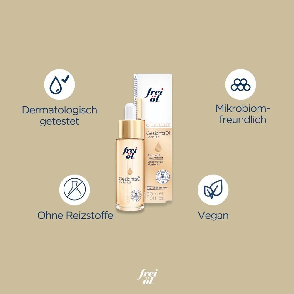 Produktabbildung mit Icons: dermatologisch getestet, ohne Reizstoffe, vegan, mikrobiomfreundlich. Flasche Gesichtsöl in Verpackung.