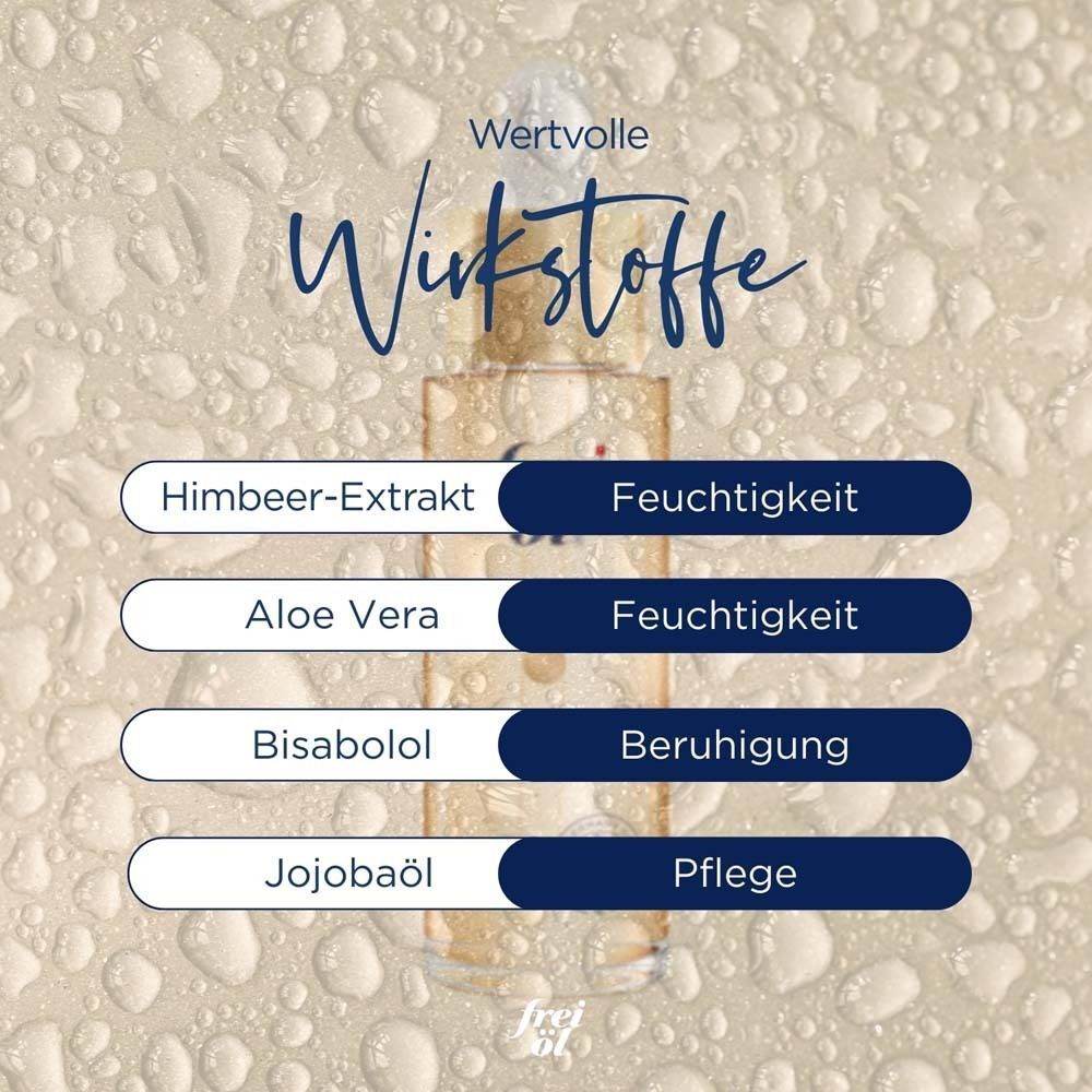 Text: Wertvolle Wirkstoffe. Himbeer-Extrakt, Aloe Vera, Bisabolol, Jojobaöl. Text: Feuchtigkeit, Beruhigung, Pflege. Flasche frei öl.