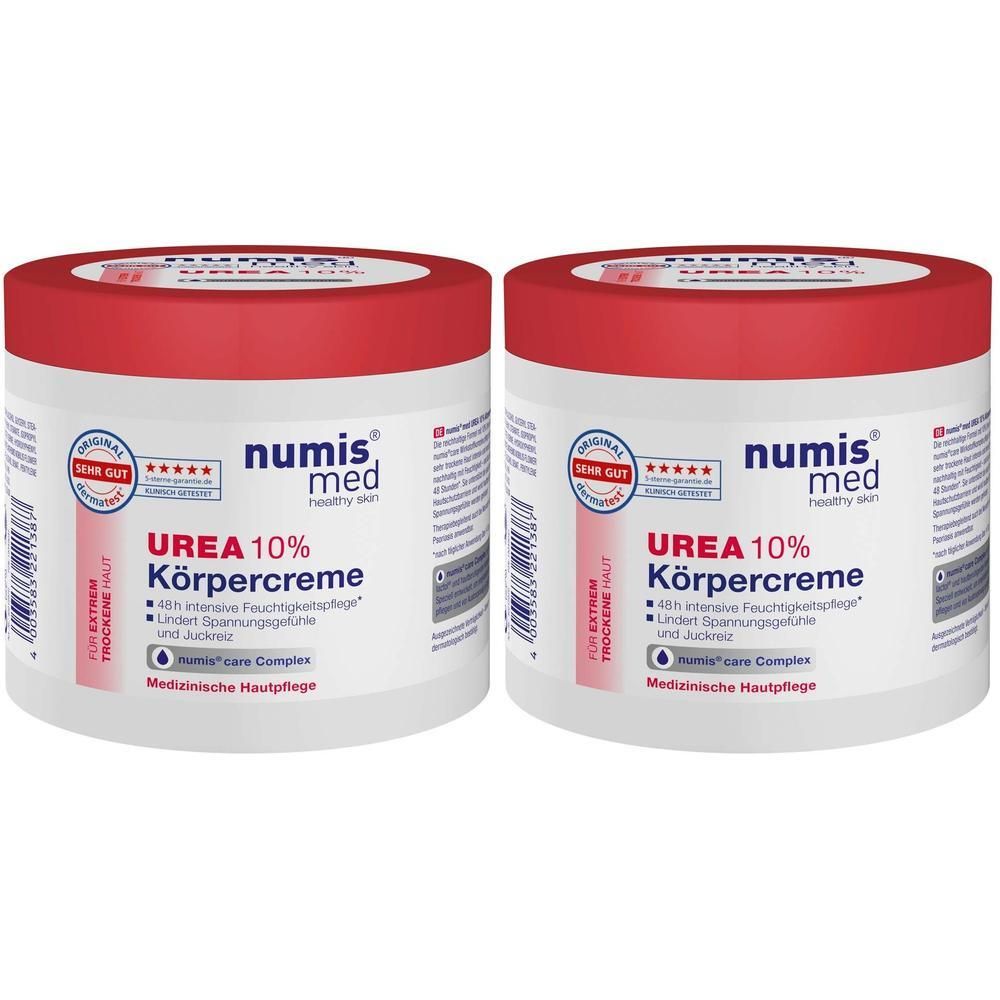 Zwei weiße Tiegel mit rotem Deckel. Aufschrift: numis med, UREA 10% Körpercreme. Auszeichnung: Sehr Gut. Für extrem trockene Haut.